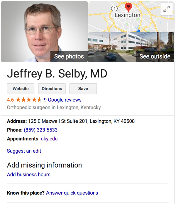 Jeffrey B. Selby, MD的谷歌本地搜索结果的屏幕截图示例