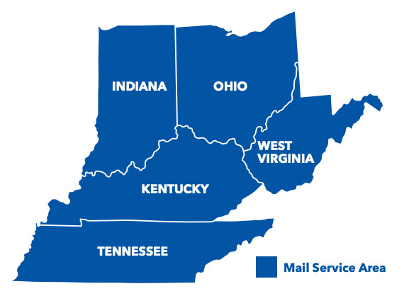 专业药房邮件服务区域，包括印第安纳州、俄亥俄州、西弗吉尼亚州、肯塔基州和田纳西州。