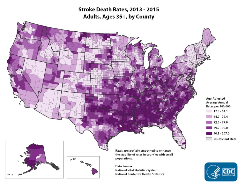 2013-2015年美国各县中风死亡率显示肯塔基州中风患病率;在许多县，每10万人中有207人死亡。