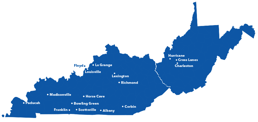 移植中心附属地图显示肯塔基州，西弗吉尼亚州和印第安纳州的位置。