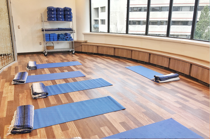 瑜伽教室，地板上放着瑜伽垫。